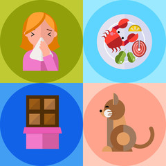 Allergy symbols disease healthcare tablets viruses and health flat label people with illness allergen symptoms disease information vector illustration.
