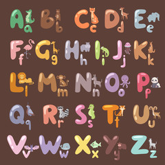 Cute zoo alphabet with cartoon animals isolated and funny letters wildlife learn typography cute language vector illustration.
