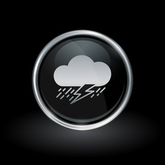 Rainstorm symbol with cloud, lightning bolt and rain icon inside round chrome silver and black button emblem on black background. Vector illustration.