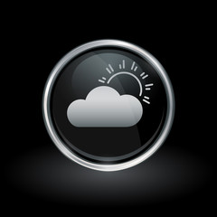 Weather symbol with sun and clouds icon inside round chrome silver and black button emblem on black background. Vector illustration.