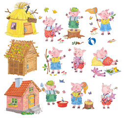 Fototapeta na wymiar Three little pigs. Fairy tale. Illustration for children. Coloring page. Cute and funny cartoon characters