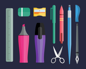 Paint and writing tools collection flat style colored stationery equipment drawing and education artist cartoon sketching vector illustration.
