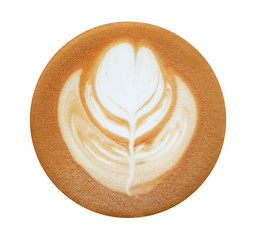 Top view of hot coffee latte art isolated on white background.