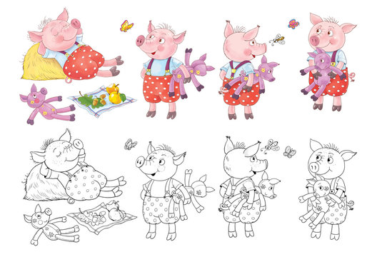 Three little pigs. Fairy tale. Illustration for children. Coloring page. Cute and funny cartoon characters