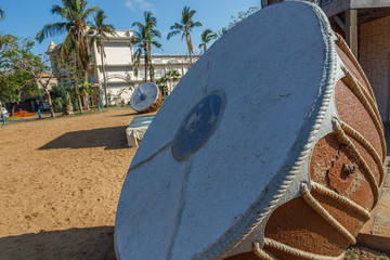 Wide view of big twin drum sculpture placed in a ground, Chennai, Tamil nadu, India, Jan 29 2017 