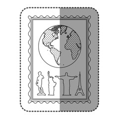 Obraz premium monochrome frame with world map and set of the world landmark icons vector illustration