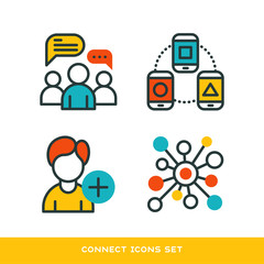 Thin lines connection icons outline set of big data center group cloud computing system internet protection password access technical instrument vector illustration.