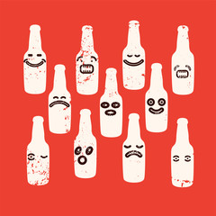 Funny beer bottles grunge emoji set. Vector illustration.