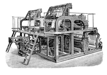 Double high speed rotary printing press for mass production of newspapers and magazines, XIX century engraving