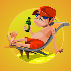 cartoon man resting on a deck chair with a bottle in his hand