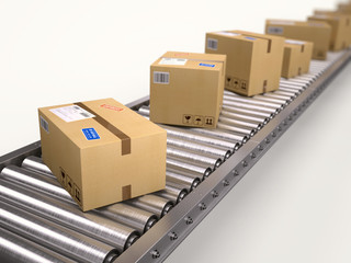 Packages and parcels delivery concept - cardboard boxes on conveyor. 3d render