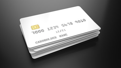 Stack of Blank white credit cards template on black background. 3d render