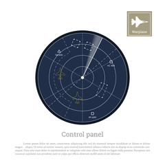 Military radar. Control panel for army aviation. Screen with map. Vector illustration