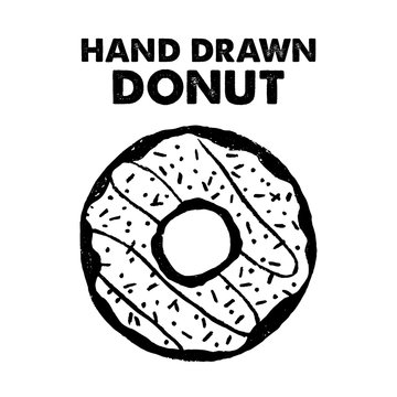 Hand drawn label with textured donut vector illustration and "Hand drawn donut" lettering.