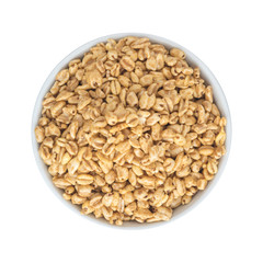 Heap of Puffed Wheat Snack in White Round Bowl Isolated