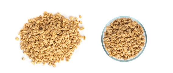 Heap of Puffed Wheat Snack in White Round Bowl Isolated