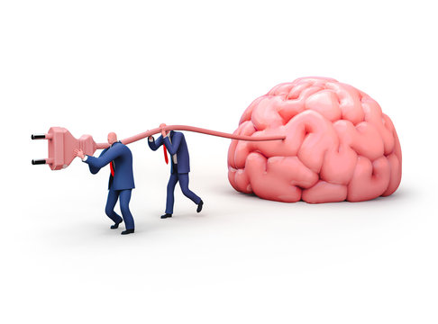 Two men plugging giant brain with electric socket. 3D illustration