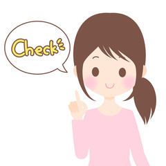 指をさし「Check」と言っている女性　説明・注目・チェック　白背景・ベクター