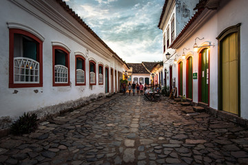 Cobblestone Streets and Colonial Portuguese Style Houses in Historical Center of Paraty, Brazil