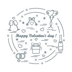 Cute vector illustration: gifts, balloons, stemware, keys, gender symbols, bottle with hearts and snowflakes arranged in a circle.