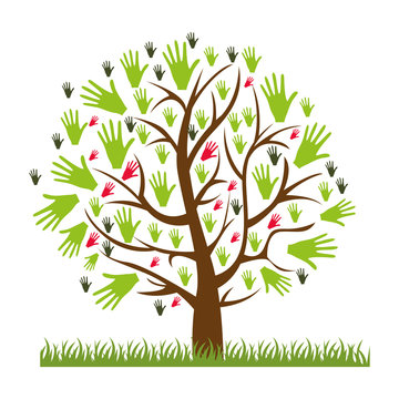 color silhouette of tree with leaves in shape of hands vector illustration