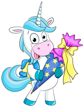 Fototapeta Niedliches Einhorn mit Schultüte Vektor-Illustration