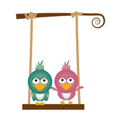 colorful background of caricature couple birds on swing vector illustration