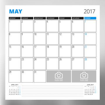 Calendar Template for May 2017. Week Starts Monday. Design Print Template. Vector Illustration Isolated
