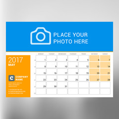 Calendar Template for May 2017. Week Starts Monday. Design Print Template. Vector Illustration Isolated