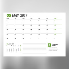 Calendar Template for May 2017. Week Starts Monday. Design Print Template. Vector Illustration Isolated