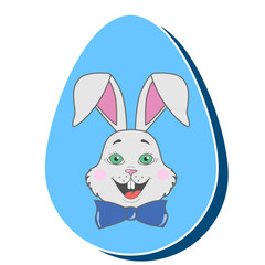 Gray happy Easter rabbit in a bow tie inside a colorful egg