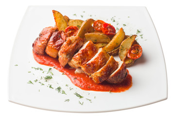 grilled chicken with a crispy crust, with BBQ sauce and baked potatoes with dill, on a white background