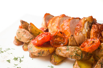 grilled chicken with a crispy crust, with BBQ sauce and baked potatoes with dill, on a white background