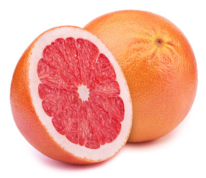 Perfectly retouched grapefruit with half slice isolated on white background with clipping path