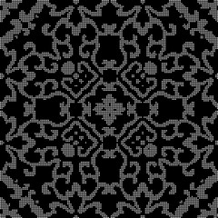 Halftone round black seamless background curve cross vine flower