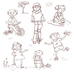 Vector set of sketch illustration of active children playing. Small kids and teenagers on the bike and scooter, a toy in the sandbox. Walk in summer on the outdoor.