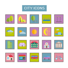 Collection of colorful vector flat city icons for web, print, mobile apps design. City landscape elements