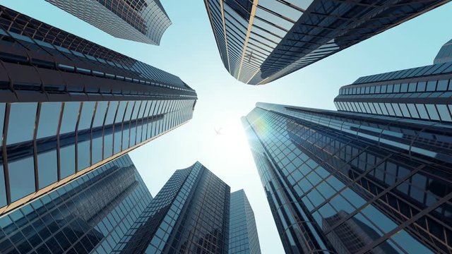4K Animation of Modern Corporate Buildings with Sun Light and Flying Airplane above the Skyscrapers