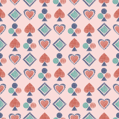 Seamless vector geometrical pattern with icons of playing cards. background with hand drawn textured geometric figures. Pastel Graphic illustration Template for wrapping, web backgrounds, wallpaper
