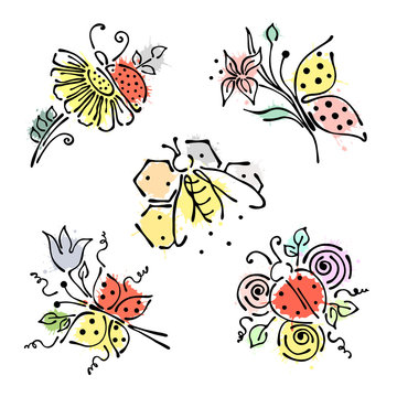 Set of vector illustrations of insect. Ladybug, butterfly, bee, apis, petal, flowers, leaves on the white background. Hand drawn contour lines and strokes with splash, drops, spot.