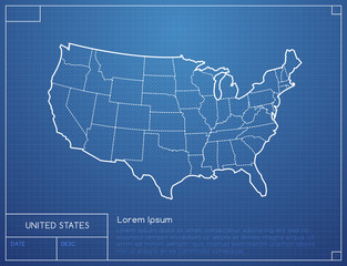 Fototapeta premium Blueprint drawing with map of United States vector illustration