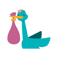stork carrying newborn cartoon infantile vector icon illustration
