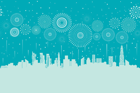 Vector illustration of a festive fireworks display over the city background design.