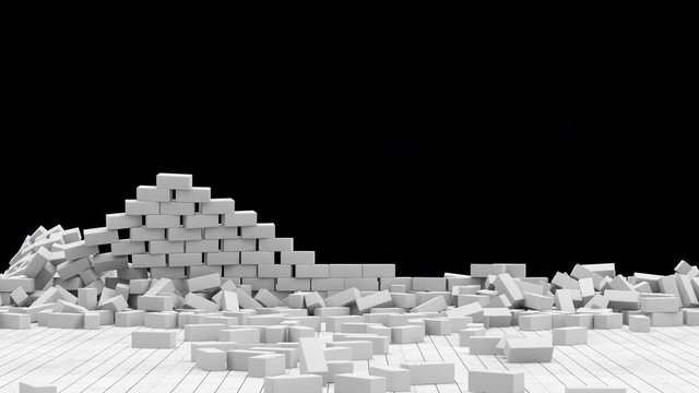 4K Animation of Broken Brick Wall on Black Background with Green Screen and Alpha Matte