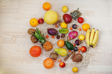 Naklejka na ściany i meble Exotic fruits with small overland turtle on wooden background. Healthy eating dieting food.