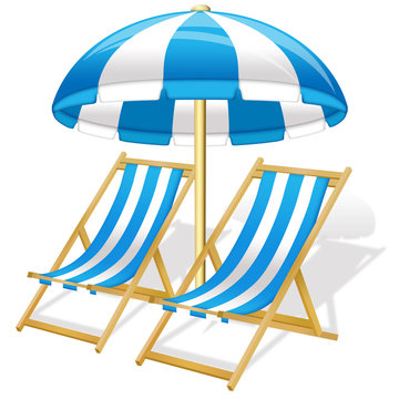Beach equipment icon: sun umbrella and two deck chairs.
