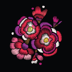 Embroidered bouquet. Abstract Pink Flowers on a black background for embroidery, patches and stickers.Vector Illustration.