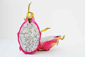 Exotic fruit pitaya or pitahaya, dragon fruit (Hylocereus undatus) isolated on white background....