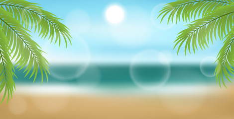 Realistic beach frame with palm tree leaf, and sun above the dea horizon. Design for summer and holiday banner and frame