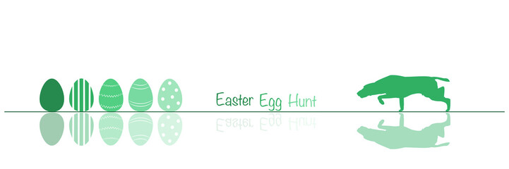 Easter egg hunt. Dog hunting Easter eggs. Green shade.
